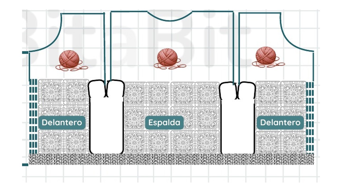 Esquema completo del cuerpo con las medidas de 45 centímetros de altura, 13 centímetros de hombro y 10 centímetros sobre el escote delantero
