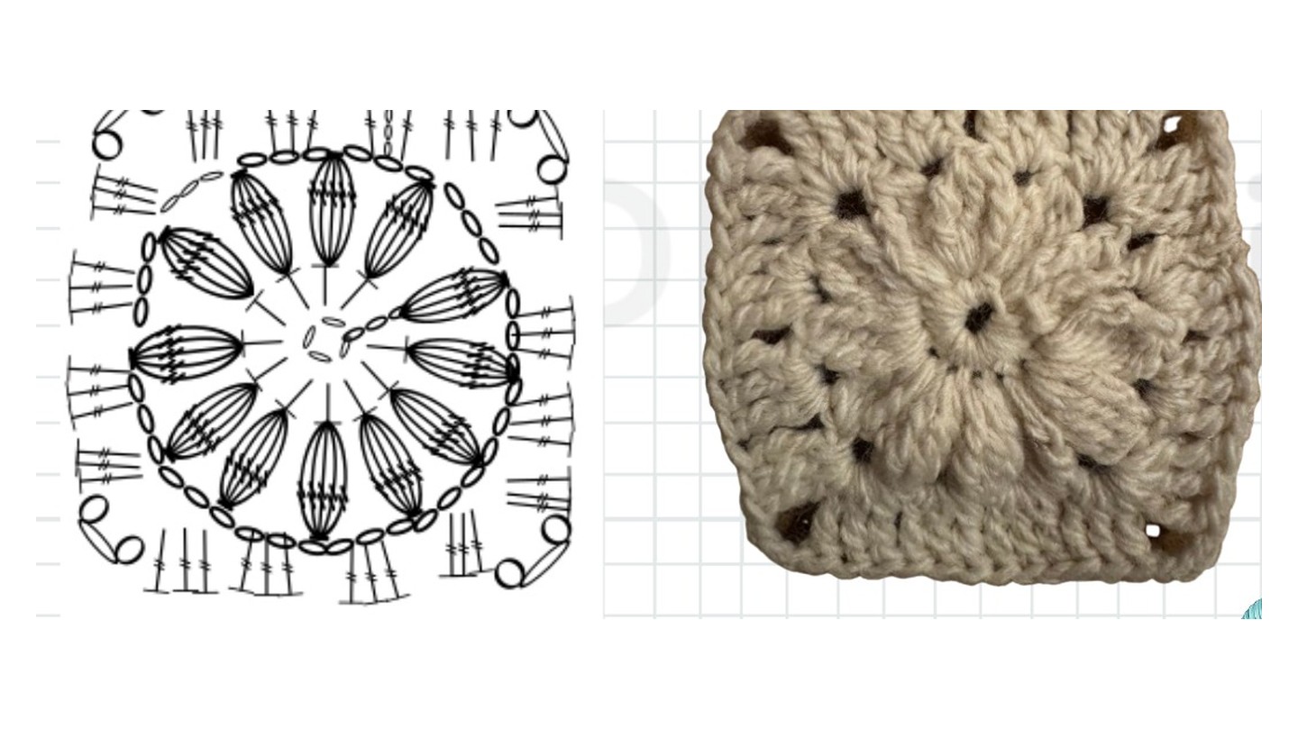 Diagrama de ganchillo del granny square floral junto a una muestra tejida en color beige