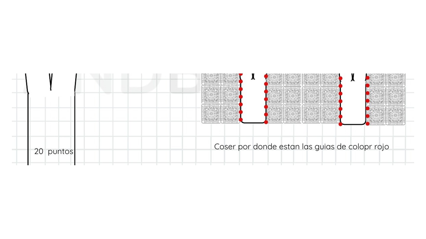 Esquema de un panel lateral de 20 puntos y líneas rojas que indican dónde unirlo a los granny squares